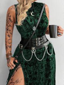 Whyspr Dark Asymmetrical Pattern Dress With High Slit And Sheer Details - Dark Green - View 7