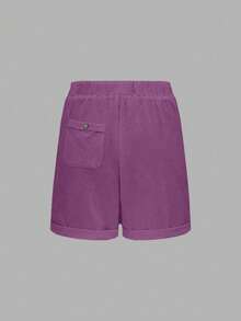 SHEIN EMERY ROSE CURVE Plus Size Washed Cotton Cinched Waist Backpocket Button Decor Short Casual Top - Purple - View 2