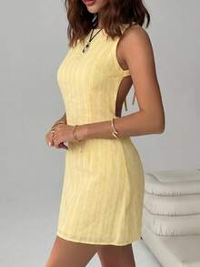 SHEIN EZwear 女士时尚百搭条纹露背性感连衣裙 - 鵝黃色 - 查看 5