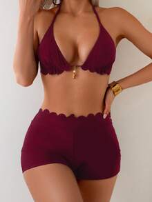 Swim Vcay Conjunto de traje de baño de estilo vacacional simple con diseño de cuello halter de tela de nailon de color negro sólido para mujer - Blanco - Ver 9