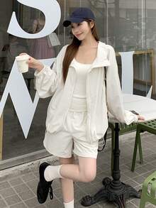 DAZY Women's Casual Loose Long Sleeve Jacket & Shorts 2 Pieces Set, Streetwear Style - White - View 8