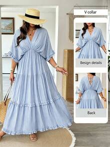 Vionelle Plus Size Women Light Blue Ruffle Hem Loose Long Dress, Spring/Summer Beach Vacation Vacation Boho - Blue - View 1