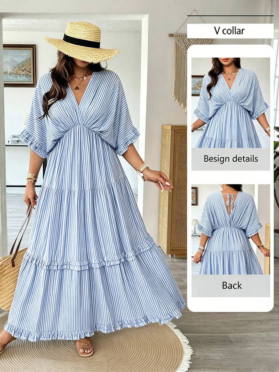 Vionelle Plus Size Women Light Blue Ruffle Hem Loose Long Dress, Spring/Summer Beach Vacation Vacation Boho - Blue - View 1