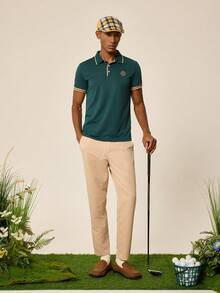Tonviero Camisa Polo De Manga Corta Para Hombre Con Letra Impresa De Bloque De Color - Verde Oscuro - Ver 5