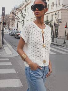 MAIJA Women's Boho Open Knit Gold Sunflower Clasp White Crochet Crop Knit Top, Elegant Paris Brunch Summer, Short Sleeve Mesh Cover Up, White And Gold - White - View 2