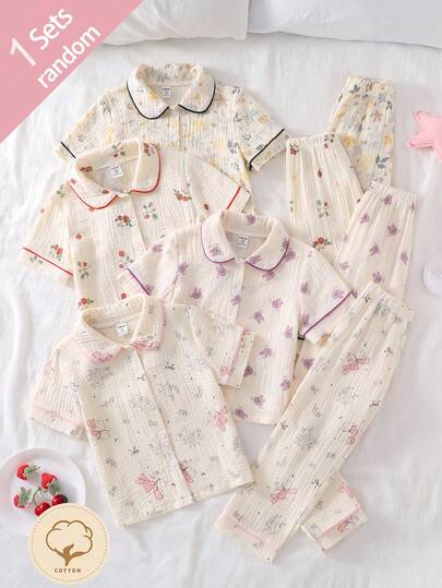 SHEIN 4pcs/Set Girls' Cotton Sleepwear Set, Featuring Classic Collar Design, Contrast Trim, And Playful Prints Like Floral, Bear, Bow, Strawberry, Rabbit, Surprise Blind Box Random Assortment