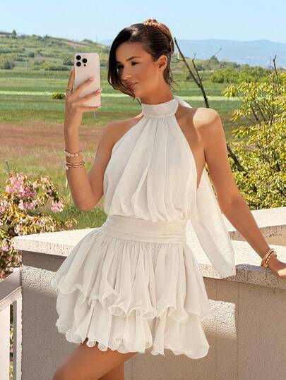 Vowa Elegant Apricot Chiffon Halter Tie Neck High Waist Slimming Multi-Layer Dress, Backless Sexy Design Suitable For Dates, Vacations, Singles Parties, Beach Holidays, Graduation, Weddings, Prom, Holiday Outfits, Women's Formal Gown