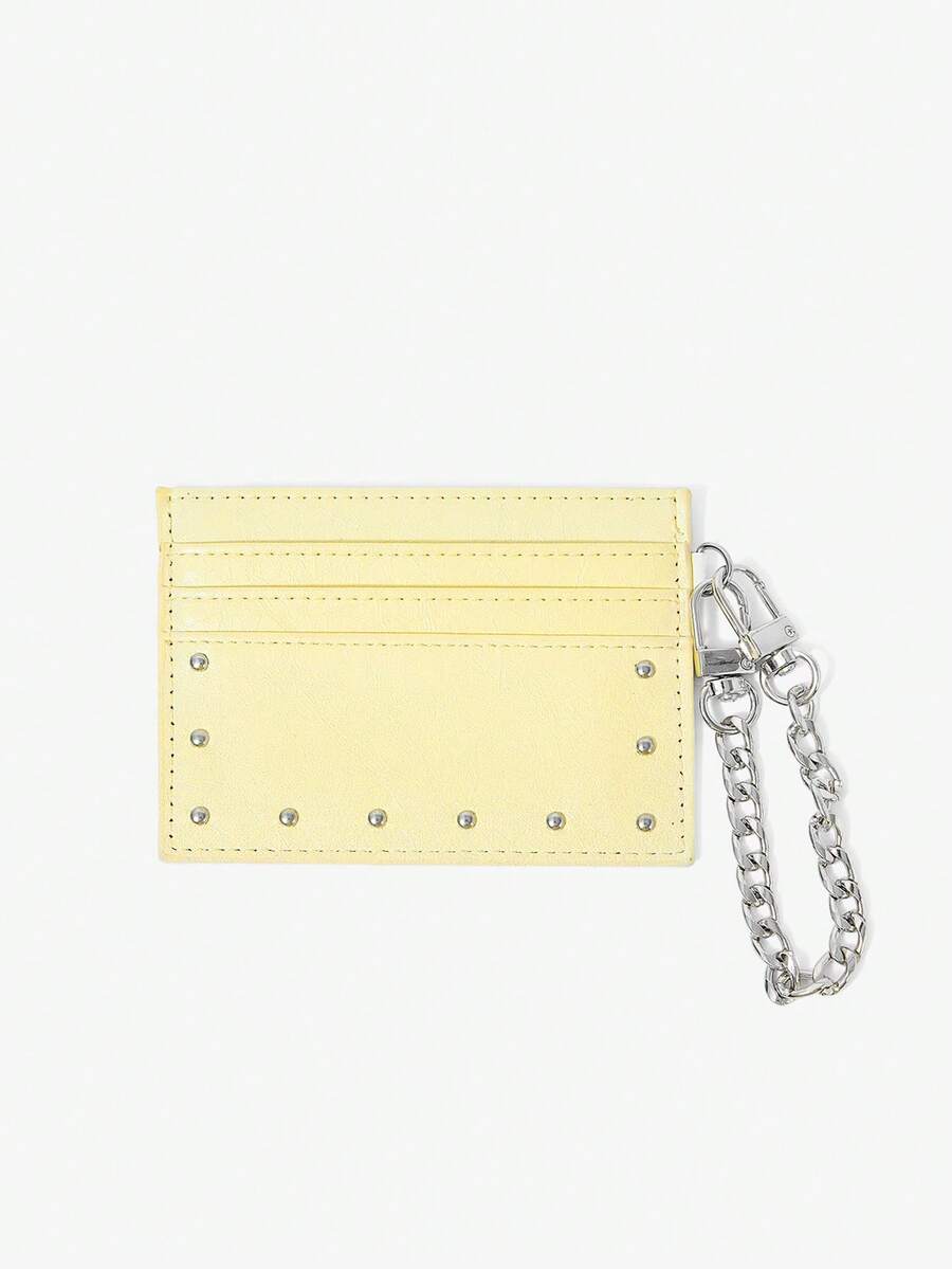 Viva Strut 1 pieza Bolso de tarjeta con cadena de metal, amarillo claro, moda callejera, dulce y cool, estilo Spice Girl Y2K, decoración de remaches, multiusos, con múltiples posiciones para tarjetas - Amarillo - Ver 1