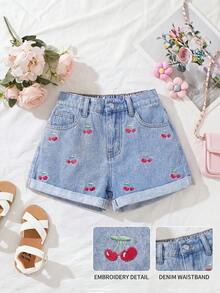 SHEIN Celana Pendek Denim Serbaguna Gaya Y2K untuk Remaja Perempuan, Musim Semi dan Musim Panas, Motif Bordir Ceri, Saku, Gaya Streetwear untuk Acara Homecoming, dengan Ujung yang Digulung, Cocok untuk Liburan Musim Semi dan Musim Panas di Pantai. - Biru - View 3