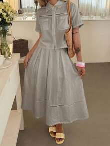 DAZY Spring/Summer Women's Elegant Lace Patchwork Pocket Shirt And Skirt 2 Pieces Set - Grey - View 2