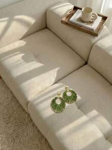 Resyla 1 Cặp Hoa tai vòng tròn dệt Raffia phong cách bãi biển giản dị dành cho nữ, vòng kim loại gợn sóng lớn, thích hợp cho kỳ nghỉ và đeo hàng ngày - Hoa tai raffia lớn - Xem 12
