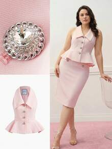 MOTF PREMIUM PLUS SIZE WOMEN SUMMER WAIST CINCHED RHINESTONE BUCKLE SLEEVELESS RUFFLE HEM JACKET - Pink - View 4