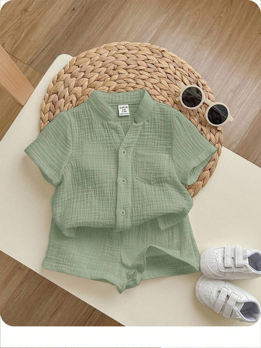 2pcs Baby Solid Color Round Neck Short Sleeve Cardigan Top And Elastic Waist Shorts Set, For Baby Boy Or Baby Girl,Kids - Mint Green - View 1