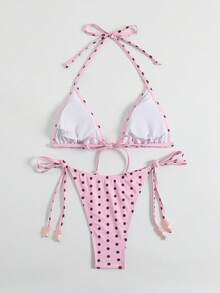 Swim Mod 女士夏季沙滩度假串珠装饰露背性感波点比基尼上衣 - 粉色 - 查看 2
