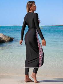 Swim Mulvari 2026 Frühling/Sommer Neu Rosa Palmenblatt Muster Schwarz Patchwork Eleganter Urlaubs Strand lässig Damen Burkini - Verschiedenfarbig - Übersicht 2