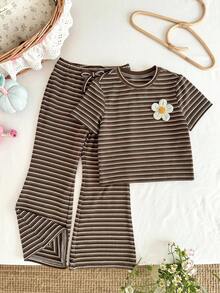 LMoss Kids 女童夏季休闲条纹印花圆领短袖T恤和喇叭裤套装 - 棕色 - 查看 3