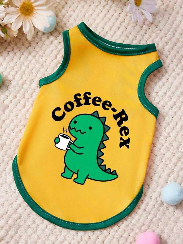 PETSIN 1 chiếc áo tank top cho thú cưng in chữ hình khủng long xanh dễ thương đang uống cà phê, màu xanh lá cây và vàng, kiểu dáng thường ngày, mềm mại, thoáng khí, chống rụng lông.