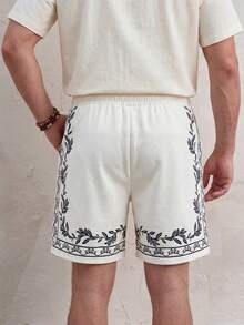 INAWLY Men's Summer White Swim Shorts Black Vine Leaf Print Drawstring Beachwear - Black and White - View 2