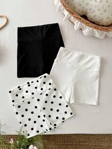 SHEIN LMoss Kids 3件套女童针织纯色波点休闲短裤套装 - 彩色 - 查看 6