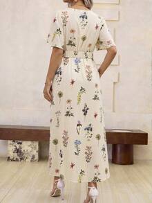 Roveilla Plus Size Women's Beige Boho Allover Print Maxi Dress,Ruffled Short Sleeves,Side Slit,High-Low Hemline,Summer Vacation Holiday Fashionable Outfit - Apricot - View 2
