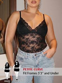SHEIN PETITE CURVE 加大码女士黑色低胸蕾丝性感吊带连体衣，情人节，情人节服装 - 黑色 - 查看 5