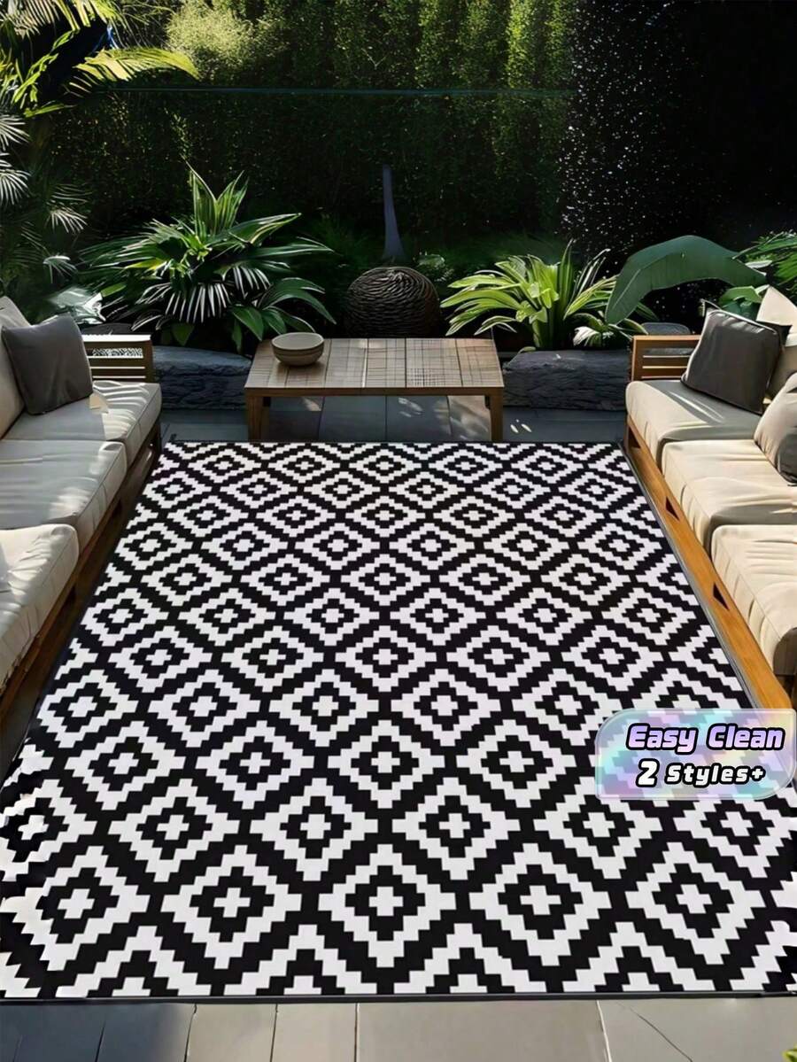 Foldable Picnic Mat PP Woven Material Large Water Resistant Lightweight Portable Garden Camping Party Beach Outdoor Essential Easy Clean Compact Storage - black and white - View 1
