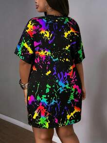 Slaydiva Plus Size Tie-Dye Print Round Neck Summer Short Sleeve Dress, Suitable For Party - Multicolor - View 2
