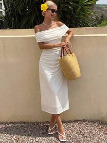 DAZY Off Shoulder Solid Ruched Side Mesh Overlay Homecoming Dress Prom Dress Elegant Sundress Wedding Women Dresses Maxi Dress Cocktail Dress - Beige - View 15