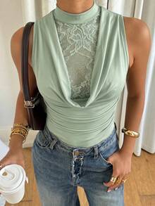 Siren Gaze Women's Fashion Plunging Neck Lace Patchwork Ruffle Bodysuit - Mint Green - View 6