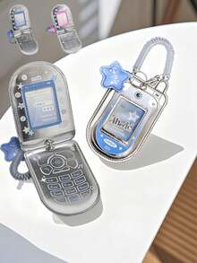 Silver Y2K Retro Flip Phone Card Holder, PU Leather Dual SIM ID Card Organizer, Mini Wallet Pouch With Keychain Cute Fashion Accessories - Multicolor - View 8
