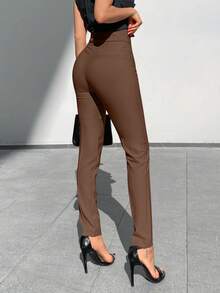 EURMUSE Solid Zipper Fly Skinny Pants - Chocolate Brown - View 2