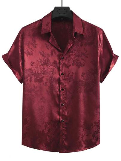 Genlund Men Floral Jacquard Button Up Satin Shirt, Holiday, Formal