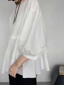 FRIFUL 女款圓領荷葉邊拼接寬鬆燈籠袖純色都會休閒套頭T恤 夏季 - 白色 - 查看 7