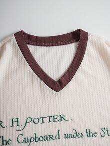 HARRY POTTER X SHEIN 男士标语印花短袖T恤和抽绳腰短裤套装 - 杏色 - 查看 4