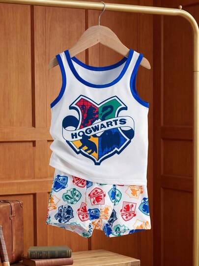HARRY POTTER X SHEIN Bộ áo ba lỗ cổ tròn in họa tiết đồ họa viền tương phản và quần boxer brief cho bé trai, mùa hè