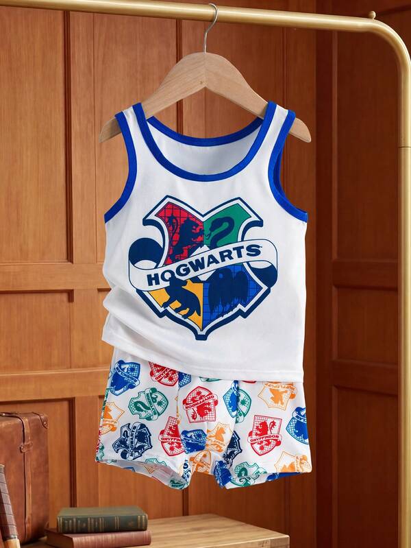 HARRY POTTER X SHEIN Bộ áo ba lỗ cổ tròn in họa tiết đồ họa viền tương phản và quần boxer brief cho bé trai, mùa hè