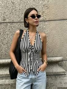SHEIN Franclia 新款优雅V领露背修身背心，简约设计，通勤时尚，春夏款 - 黑與白 - 查看 4