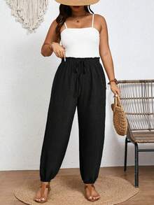 SHEIN Frenchy Summer Vacation Women's Tropical Print Knot Front High Waisted Long Pants - Black - View 4