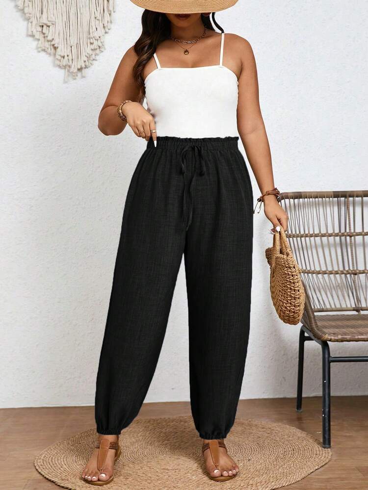 SHEIN Frenchy Summer Vacation Women's Tropical Print Knot Front High Waisted Long Pants - Black - View 3