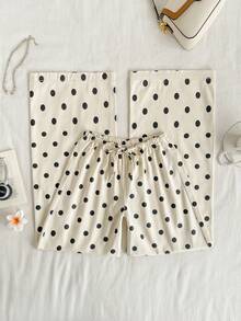 SHEIN Drawstring Waist Polka Dot Wide Leg Jeans - Multicolor - View 3