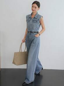 DAZY Macacão jeans feminino casual com bolsos e fechamento por botões para o verão. - Azul - Ver 3