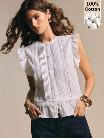 Poéselle Women's Cotton Blouse Romantic Flutter-Sleeve Pintuck Lace Cotton Blouse – Vintage-Inspired Button-Down Top For Effortless Summer Chic White Lace Blouse Flutter Sleeve Top Sleeveless Button Down Pintuck Cotton Shirt Cottagecore Blouse Feminine Summer Top Vintage Style Shirt Romantic White Top Boho Lace Trim Peplum Hem Blouse Summer Casual Solid Color Flutter Sleeve Blouse