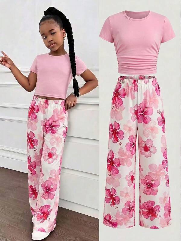 Mädchen Outfit mit Blume Muster T-Shirt und Strickjogginghose, 2-teiliges lässiges und modisches Alltagsset