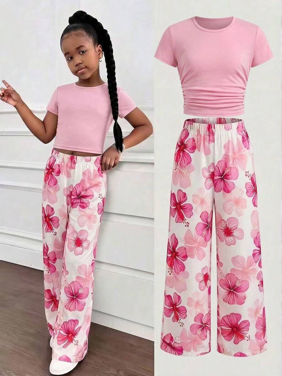 Tween Mädchen Outfit mit Blume Muster T-Shirt und Strickjogginghose, 2 Stücke lässiges und modisches Alltagsset - Verschiedenfarbig - Übersicht 1