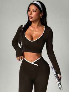 Dewbera Dewbera Set de 2 piezas de ropa deportiva sin costuras de color contrastante para mujer - Marrón - Ver 6