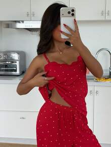 ZzzCrew Women's Knitted Heart Print Camisole And Shorts Pajama Set, Sexy And Suitable For All Seasons - Red - View 6