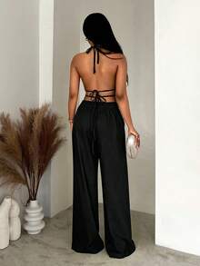 SHEIN BamGlam 女士纯色荷叶边吊带上衣和裤子休闲两件套 - 黑色 - 查看 2