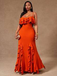 Radiana Red Summer Elegant Sexy Evening Party Wedding Guest Dinner Formal Cocktail Plus Size Women's Multilayered Ruffle Spaghetti Strap Bodycon Dress Boho - Orange - View 5