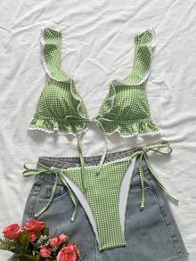 Swim Mod 女款甜美可愛格紋印花荷葉邊白色蕾絲比基尼上衣與側綁帶三角泳褲休閒海灘度假泳裝套裝 - 綠色 - 查看 3