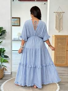 Vionelle Plus Size Women Light Blue Ruffle Hem Loose Long Dress, Spring/Summer Beach Vacation Vacation Boho - Blue - View 2